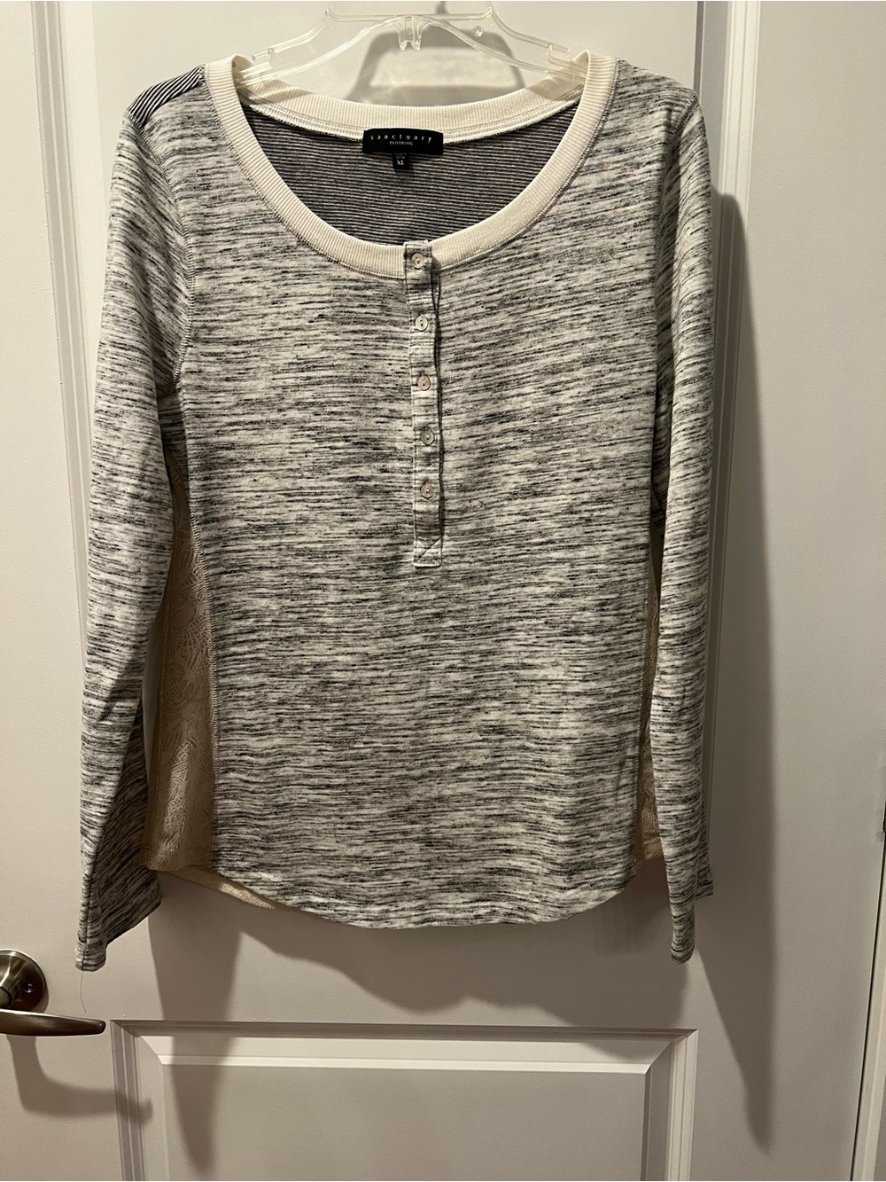 Sanctuary White and Gray Striped Henley Top